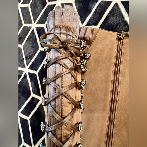 NWOT BOURNE BOOTS UK Designer Bejeweled Lace Up Satin & Suede Tan Sz EU37, US6.5 - Picture 15 of 15
